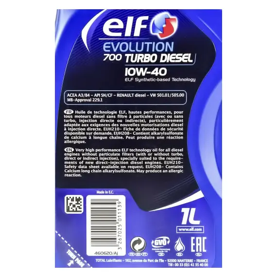 Масло моторное Elf Evolution 700 Turbo Diesel 10W-40 1л. (216671), фото , изображение 4