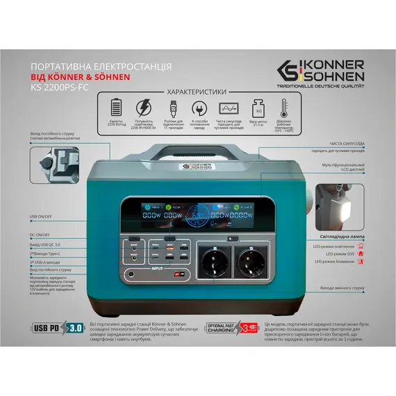 Портативна зарядна станція Konner&Sohnen KS 2200PS-FC, 2200 Вт, 2220Вт/час, Li-Ion (літій-іонний), image _ab__is.image_number.default