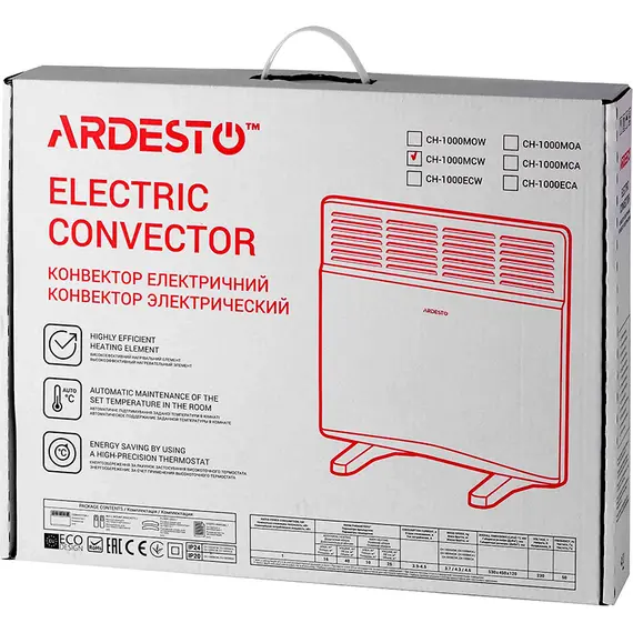 Конвектор електричний ARDESTO CH-1000MCW, 1000 Вт, 10 м2, закритий нагріваючий елемент, IP24, механічне керування, білий, image _ab__is.image_number.default