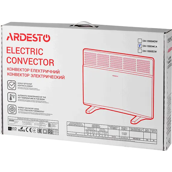 Конвектор электрический ARDESTO CH-1500MCA, 1500 Вт, 15м2, закрытый нагревательный элемент, IP24, механическое управление, антрацит матовый, фото , изображение 8