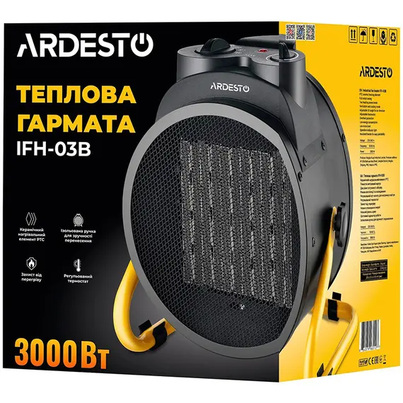 Теплова гармата ARDESTO IFH-03B, 30м2, 3000Вт, механічне управління, 340 м3/г, керамічний нагріваючий елемент, чорний, image _ab__is.image_number.default