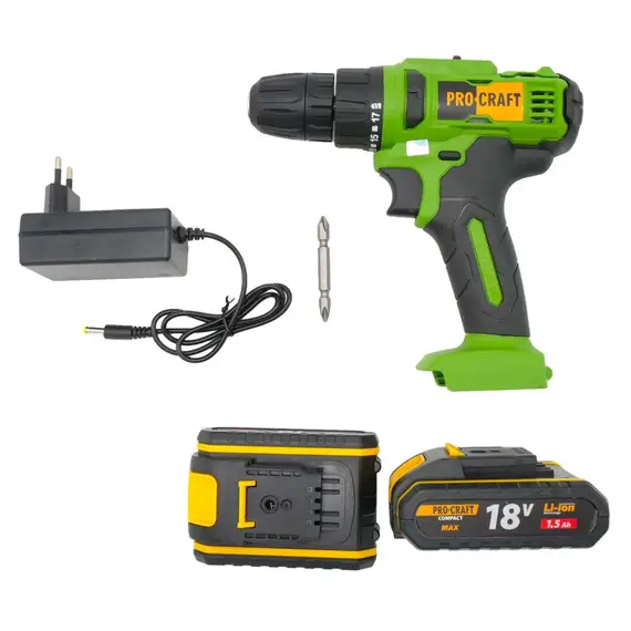 Шурупокрут акумуляторний ProCraft PA-18С compact, 18В Li-Ion, 1.5Аг, 28Нм, 0-1300 об/хв, з АКБ (комплект), image _ab__is.image_number.default