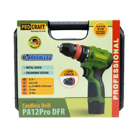 Шурупокрут акумуляторний ProCraft PA-12 PRO DFR, 12В Li-Ion, 2.0Аг, безщітковий, 22Нм, 0-1350 об/хв, DFR-патрон, з АКБ (комплект), image _ab__is.image_number.default