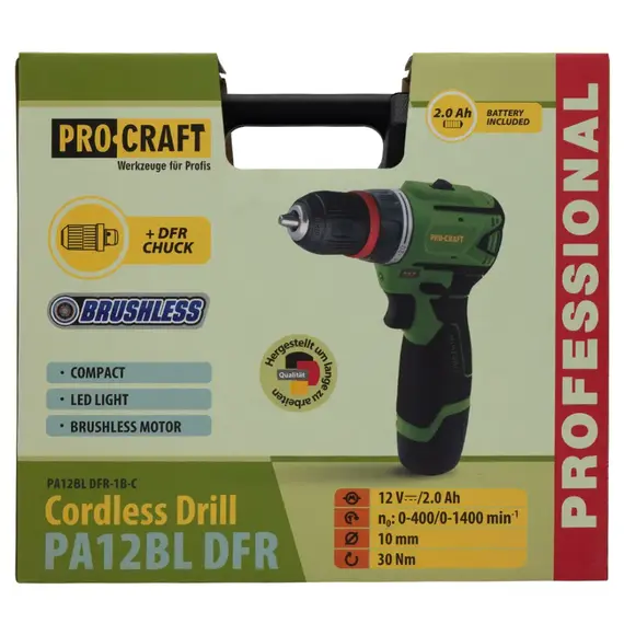 Шурупокрут акумуляторний ProCraft PA-12BL DFR, 12В Li-Ion, 2.0Аг, безщітковий, 30Нм, 0-1400 об/хв, DFR-патрон, з АКБ (комплект), image _ab__is.image_number.default
